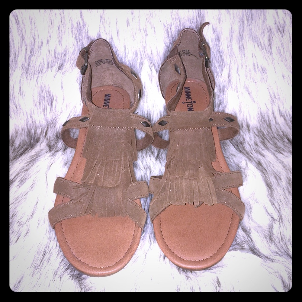 Minnetonka Leather Fringe Wedge Sandals-Size 8